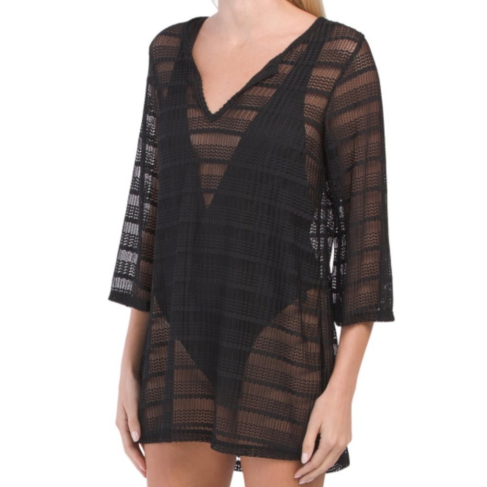 JORDAN TAYLOR Made In Usa Long Sleeve V-neck Mesh Tunic Swim Cover-up